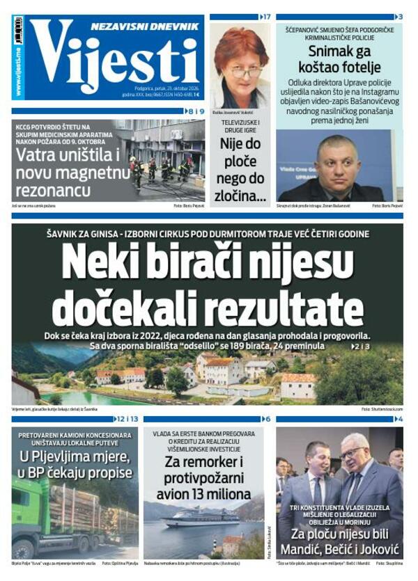 Naslovna strana "Vijesti" za 23. oktobar 2026. godine
