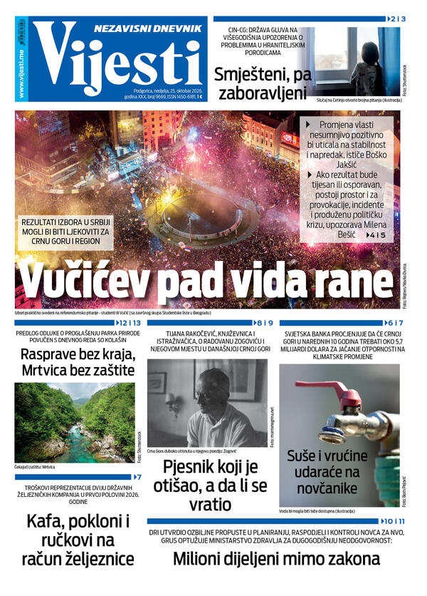 Naslovna strana "Vijesti" za 25. oktobar 2026. godine