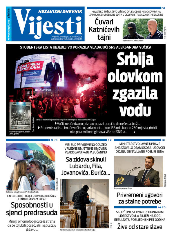 Naslovna strana "Vijesti" za 26. oktobar 2026. godine