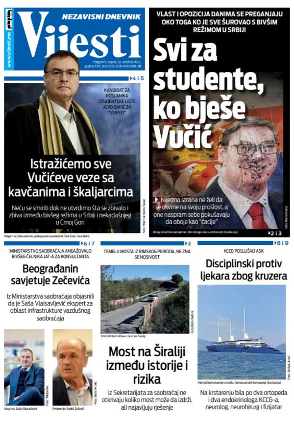 Naslovna strana "Vijesti" za 28. oktobar 2026. godine