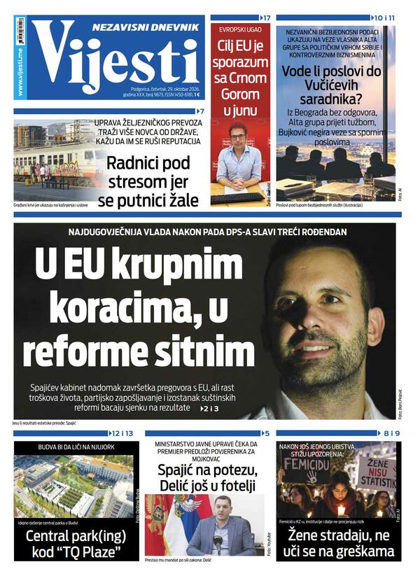 Naslovna strana "Vijesti" za 29. oktobar 2026. godine
