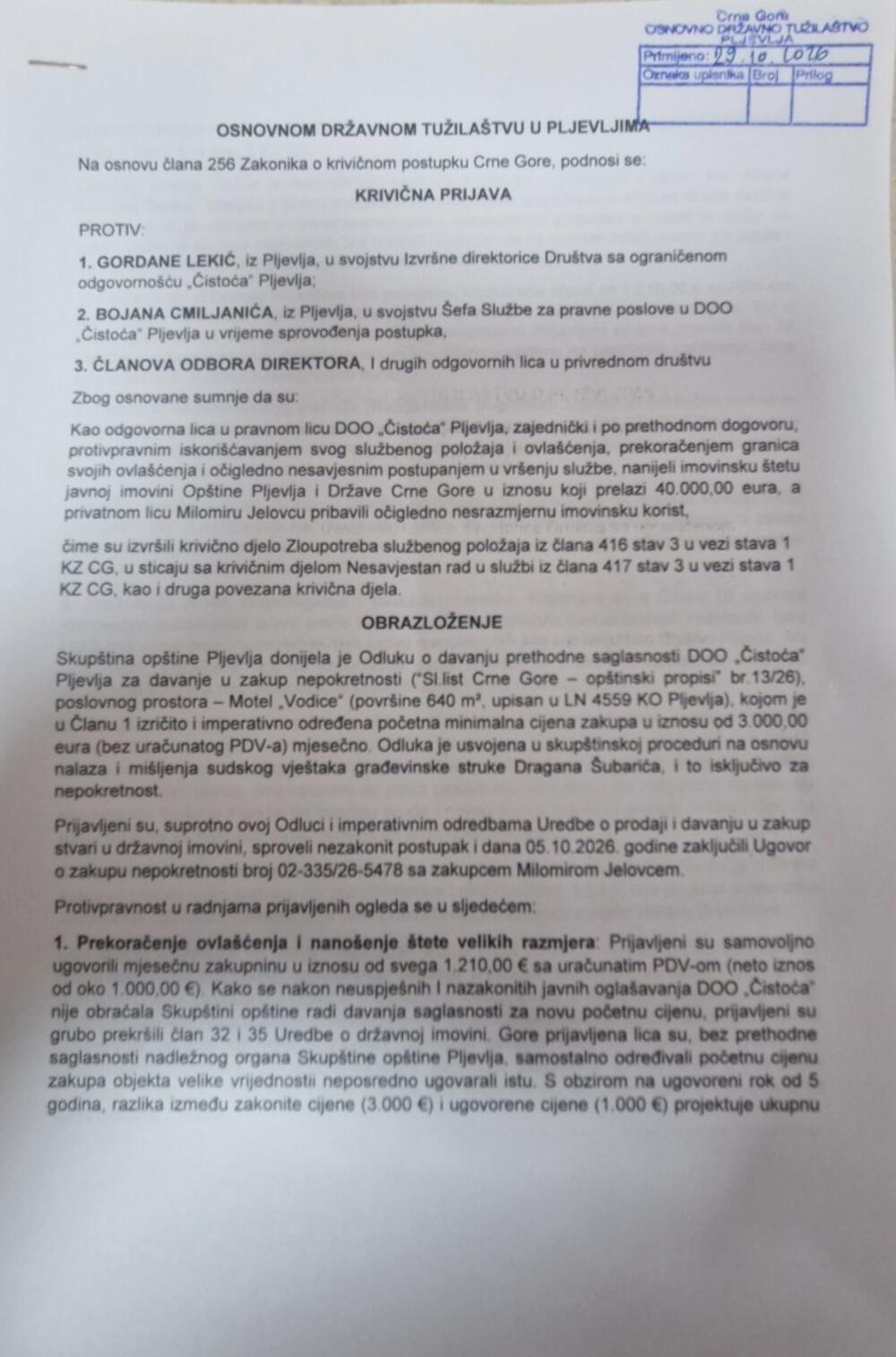 Prijava koju je podnio Ječmenica