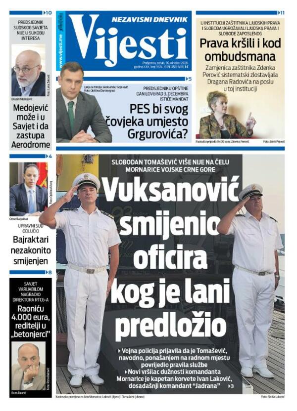 Naslovna strana "Vijesti" za 30. oktobar 2026. godine