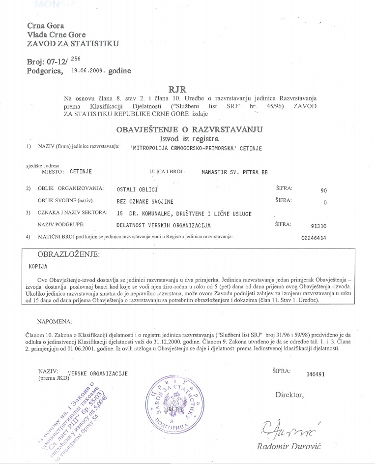 Izvod iz centralne državne statistike Crne Gore br. 07-12/256 od 19.06.2009. godine