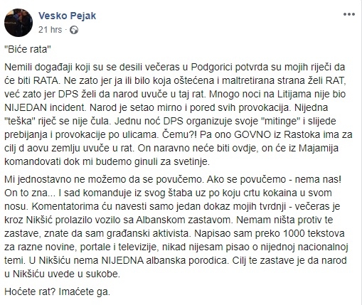 Post Veska Pejaka zbog koga je kažnjen