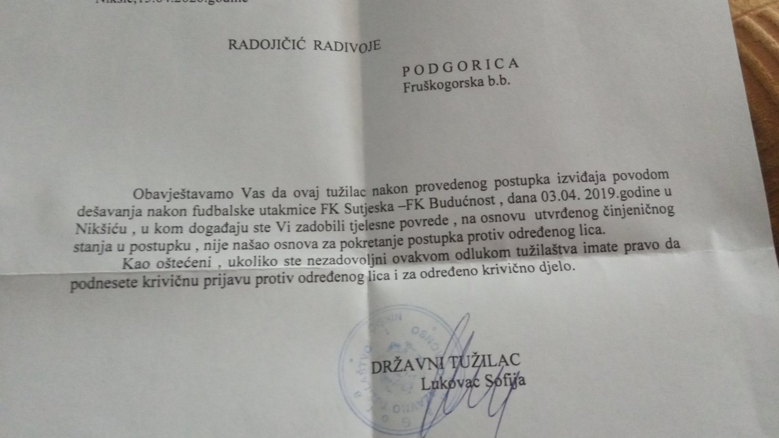 Odluka tužiteljke Klikovac za slučaj Radovana Radojičića