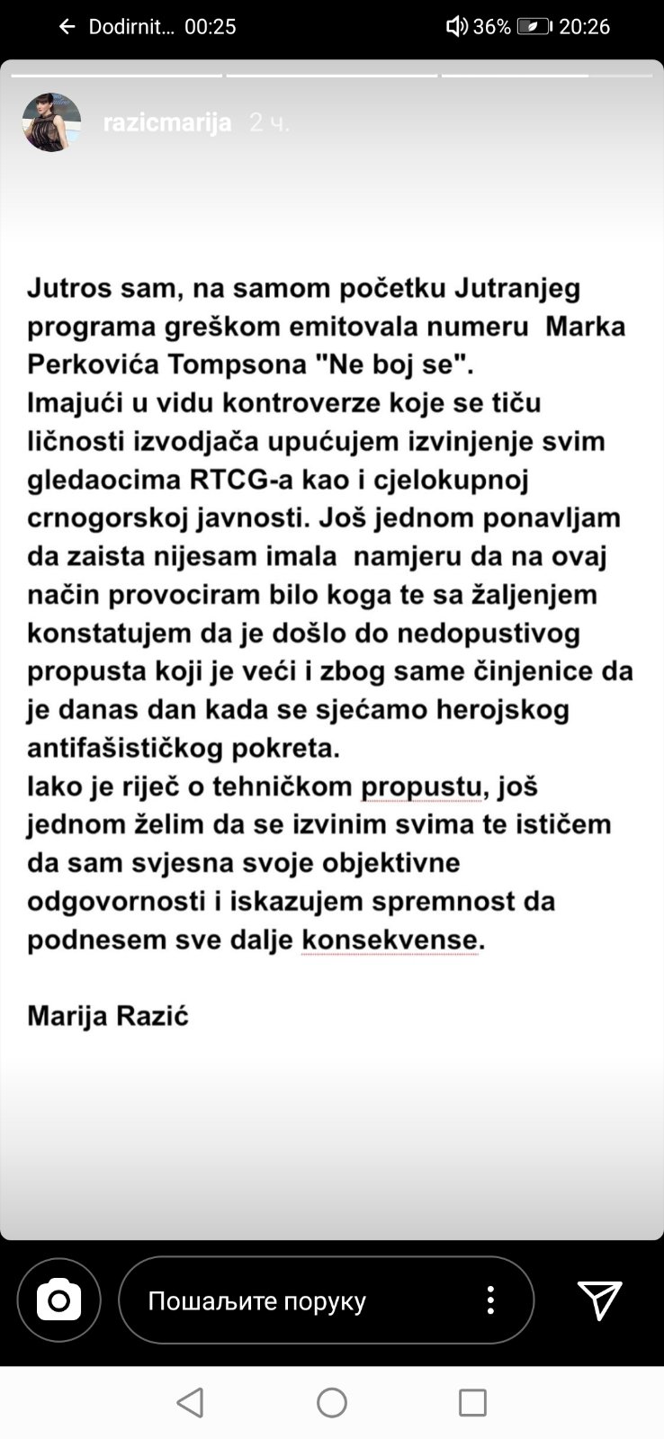 Objava Marije Razić na Instagramu
